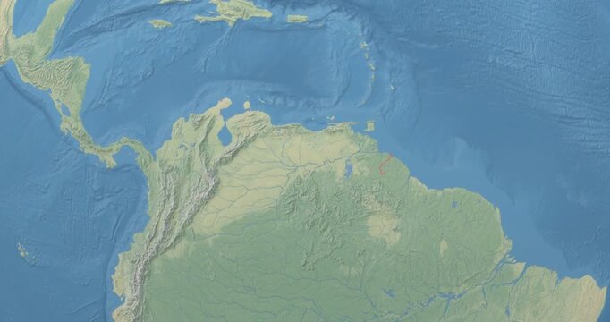 Venezuela on Globe. Zoom into the country with Earth spinning on dark background. Physical world map with Venezuela and label on it. Country view animation.