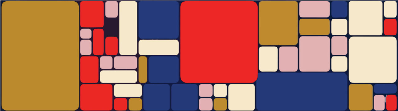 Vibrant mid-century modern geometric pattern with minimalist flat colorful rounded squares and stars, Bauhaus style background in red, blue and mustard colors, retro bizarre abstract ornament 