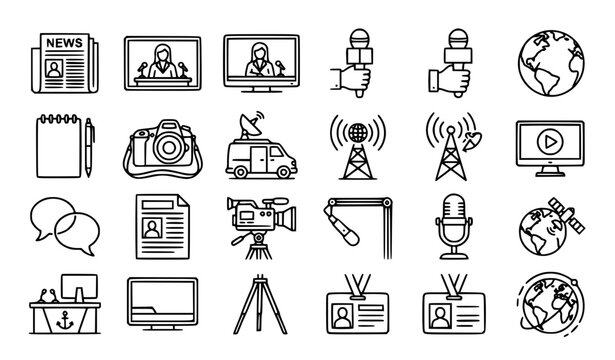 Mass Media and Journalism Line Icon Set Featuring News Anchors, Television Broadcasts, Microphones, Press Badges, Cameras, Satellite Vans, and Reporting Tools Vectors