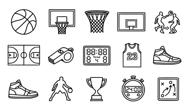 Basketball Sport Line Icon Set Featuring Ball, Hoop, Backboard, Court, Whistle, Scoreboard, Jersey, Sneakers, Trophy, and Strategy Board Vector Outline Icons