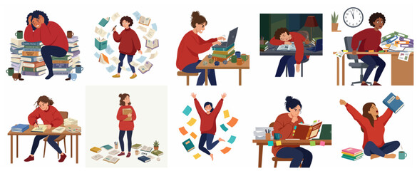 Fototapeta premium Set of Diverse Female Students Experiencing Stress, Burnout, Focus, and Success While Studying Illustration