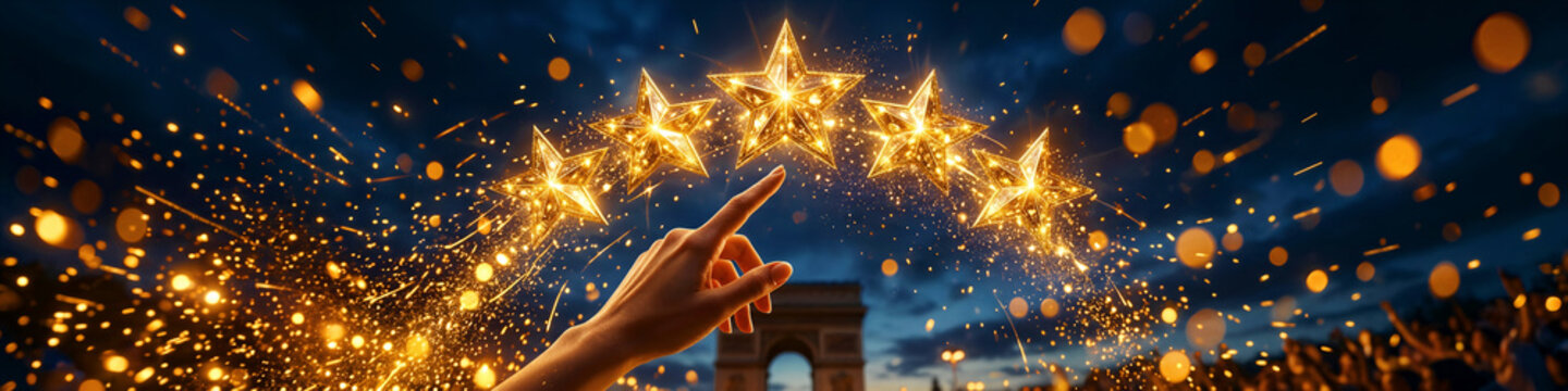 Hand pointing to five glowing golden stars against a night sky background. Sparkling light effects and bokeh surround the stars over a city landmark. Customer rating and excellence concept.
