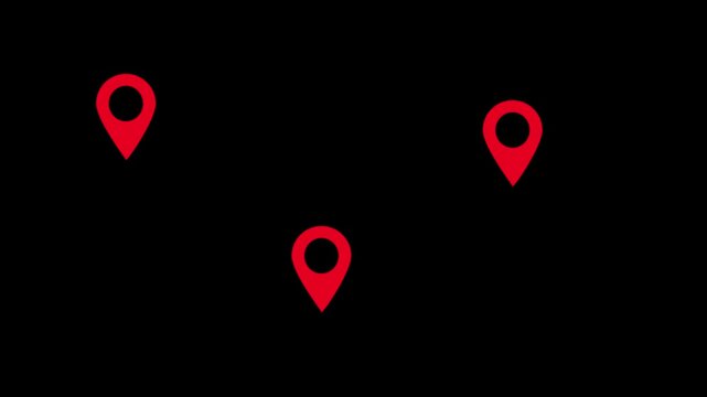 Animation Glowing location line map tracking icon location mark pointer video animated on black background, alpha channel only 4k. 