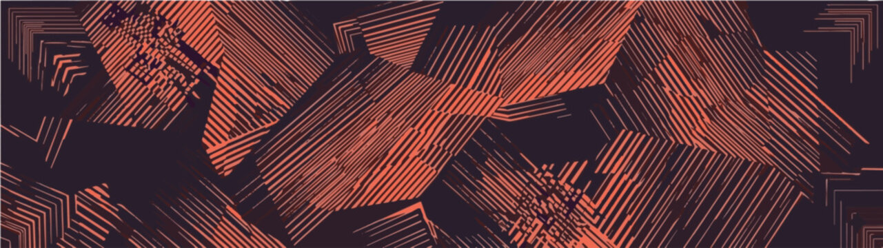Abstract orange and purple background features geometric curved lines with glitch shift effect, kinetic optical illusion pattern creates dynamic transition vibration of rounded striped texture