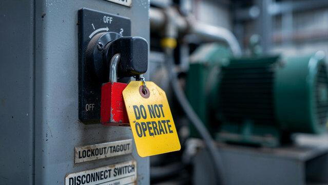 Lockout tagout safety procedure with a red padlock and yellow tag on an electrical disconnect switch. Industrial motor powered down for maintenance. Occupational health and safety compliance concept.