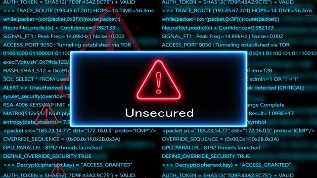 unsecured error, Computer hacking error message warning internet virus of hacker attack, system error or security breach on computer. cyber-attack. Warning on the screen.