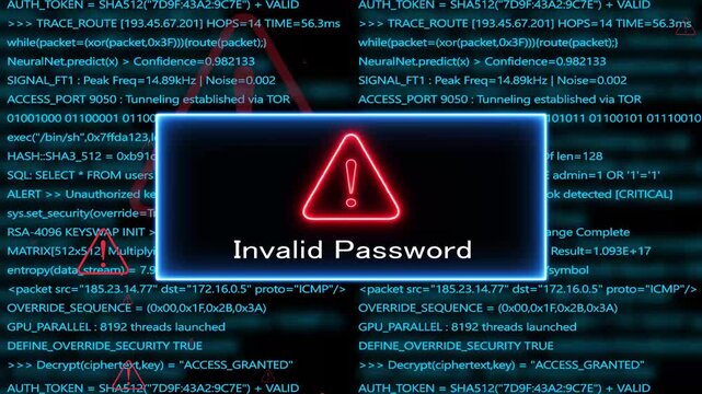 invalid password, Computer hacking error message warning internet virus of hacker attack, system error or security breach on computer. cyber-attack. Warning on the screen.