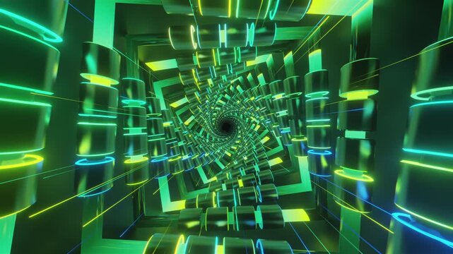 Hypnotic seamless VJ loop of a futuristic geometric spiral tunnel. Abstractvortex made of twisting blocks and digital structures, creating a deep perspective for stage screens and techno music events