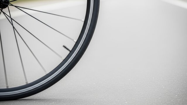 Bicycle wheel tire rolling across smooth grey asphalt road surface.