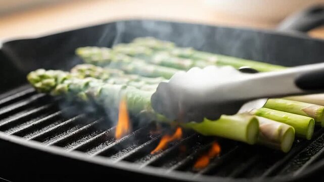 Fresh green asparagus spears are being grilled on a hot cast iron pan