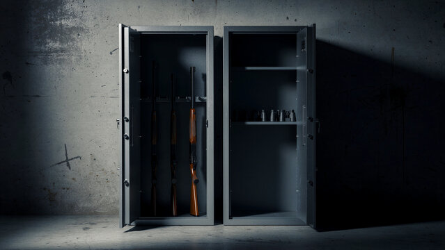 Open metal gun safes containing hunting rifles and binoculars in a concrete room. Heavy-duty steel cabinets provide secure storage for firearms. Weapon safety and responsible ownership concept.