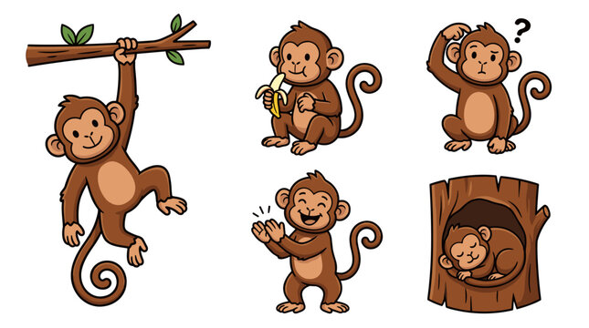 Cute cartoon monkeys in various poses, swinging, eating banana, confused, clapping, and sleeping in a tree hollow
