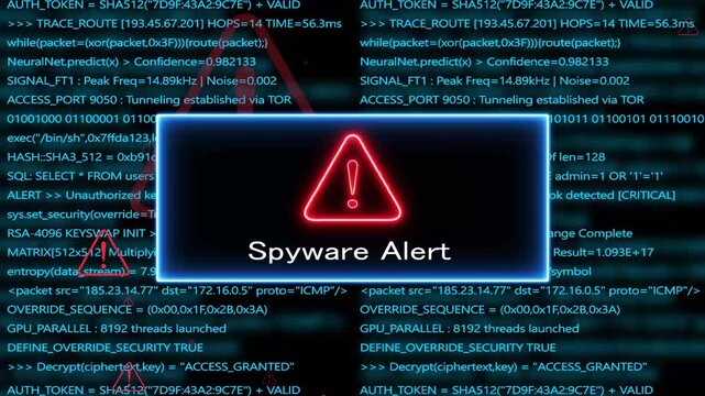 spyware alert, Computer hacking error message warning internet virus of hacker attack, system error or security breach on computer. cyber-attack. Warning on the screen.
