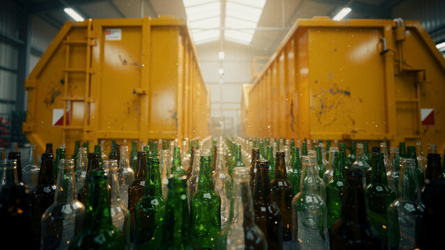 Empty glass bottles sorted in a recycling facility. Yellow industrial containers flank the aisle in a waste management plant. Sustainability concept for circular economy and green industry marketing.