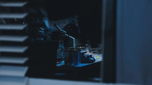 A laboratory technician makes microscopic bacteriological examination with the reagents. Work in microlaboratories