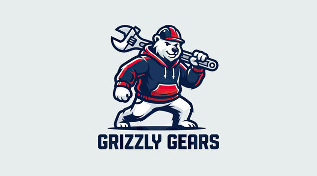 Grizzly Bear Mechanic Mascot Logo Wearing Hoodie and Hard Hat Holding Wrench for Industrial Repair and Maintenance Services