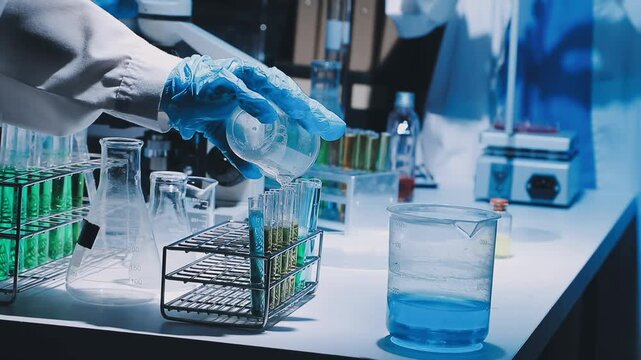 A laboratory technician makes microscopic bacteriological examination with the reagents. Work in microlaboratories