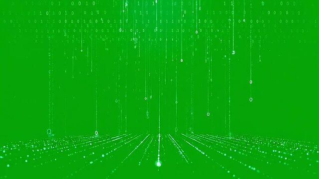 Digital binary code streams falling down against a vibrant green background