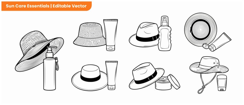 Sun protection vector icon set with summer hats and sunscreen lotions for skincare and UV protection. Black and white line art elements including straw hats, fedora, bucket hat, sunblock tube, and spr