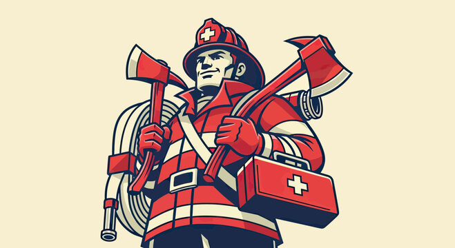 Heroic Firefighter Illustration in Retro Comic Style Carrying Axes, Fire Hose, and First Aid Kit