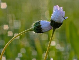 Two daisy buds with morning dew drops close up. Nature of Czech republic. © czjonyyy