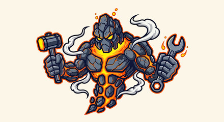 Fototapeta premium Fire Lava Golem Mascot Character Holding a Hammer and Wrench, Fantasy Rock Monster Mechanic for Gaming Logo