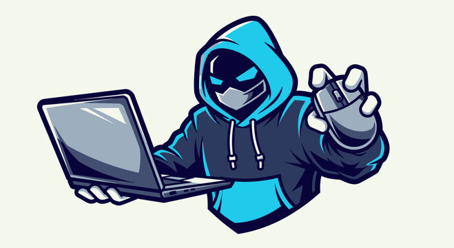 Cyber Hacker in Hooded Sweatshirt Holding Laptop and Computer Mouse Vector Illustration Mascot
