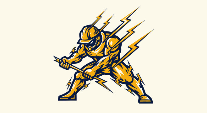 Powerful Electrician Mascot Logo Illustration, Muscular Lineman Worker Holding Electrical Cable with Lightning Bolts and Energy Sparks