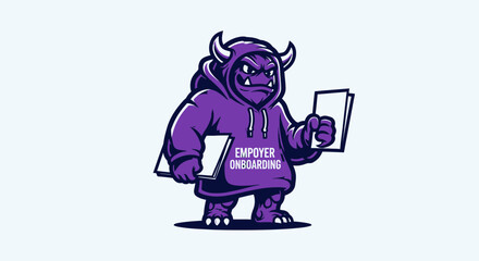 Fototapeta premium Purple Monster Mascot Character Holding Documents for Business Employer Onboarding Concept Illustration