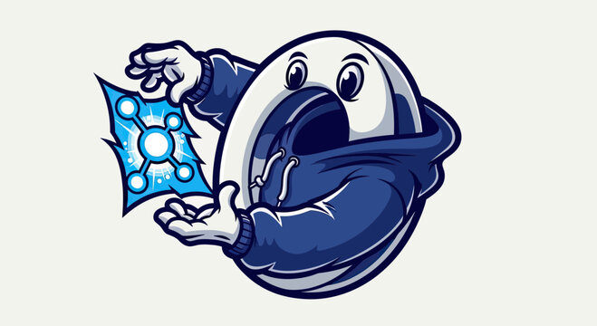 Cartoon Mascot Character Letter O Wearing a Blue Hoodie Holding a Glowing Network Node Icon, Gaming and Technology Vector Illustration