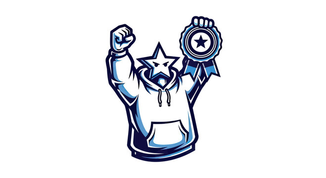 Star Head Mascot Character in Hoodie Celebrating Victory with Winner Ribbon and Raised Fist