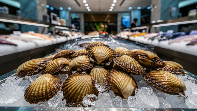 Fresh scallops displayed on a bed of crushed ice at a seafood market. The raw shellfish are neatly arranged for sale in a high-end grocery store. Gourmet food concept for culinary marketing.