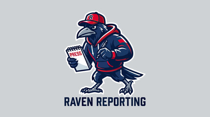 Obraz premium Raven Reporting Mascot Illustration - Aggressive Black Crow Journalist Character Holding Press Notepad and Pen for News or Media Logo Design