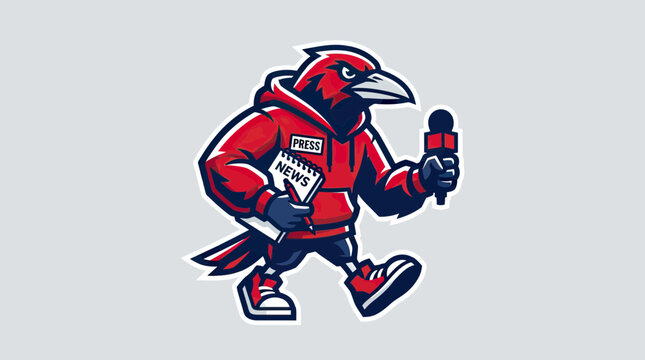 Red Bird Journalist Mascot Character Holding Microphone and News Notepad Vector Illustration