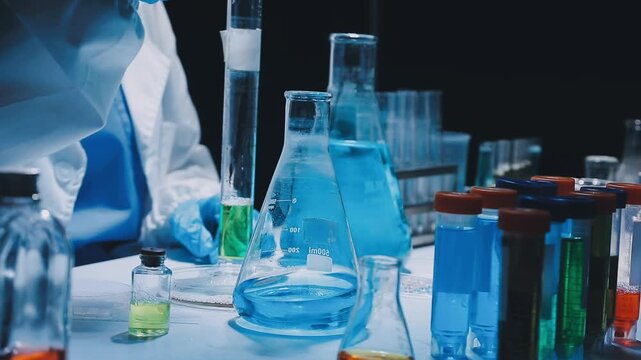 A laboratory technician makes microscopic bacteriological examination with the reagents. Work in microlaboratories