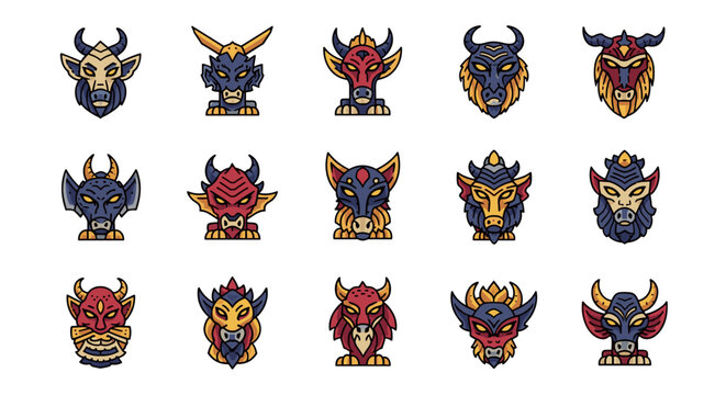 Pixel art monster heads vector icon set, fantasy creatures, game design elements, retro arcade style collection