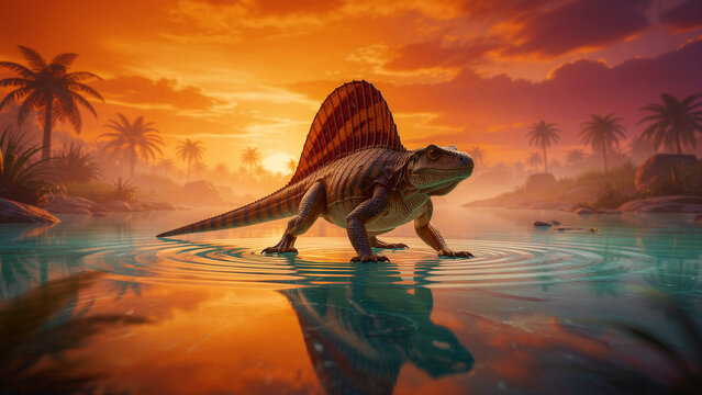 Dimetrodon synapsid standing in water at sunset. Prehistoric reptile with a large sail reflected in a tropical pond with palms. Ancient wildlife concept for paleontology and history projects.