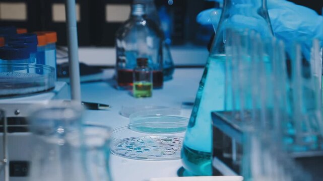 A laboratory technician makes microscopic bacteriological examination with the reagents. Work in microlaboratories