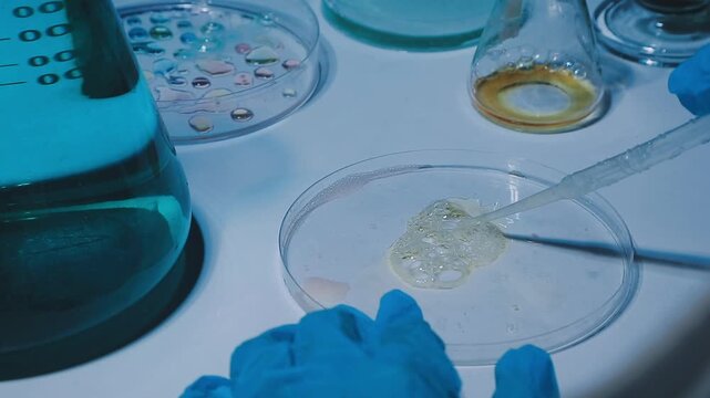 A laboratory technician makes microscopic bacteriological examination with the reagents. Work in microlaboratories