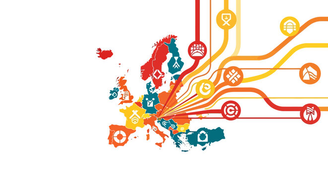 Europe Map Concept with Connected Icons and Flowing Lines