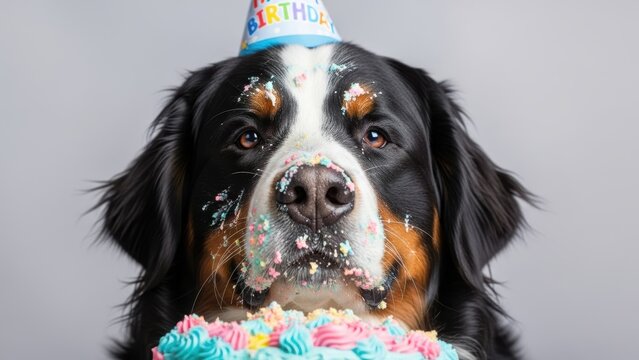 Funny bernese mountain dog covered in sweet colorful birthday cake frosting.