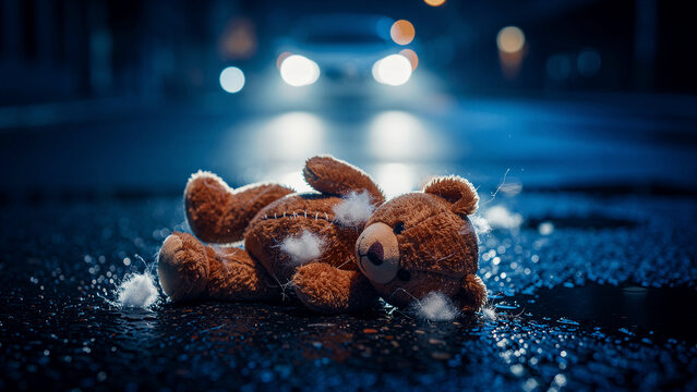 Torn teddy bear lying on a wet asphalt road at night with blurred car headlights. Abandoned stuffed animal toy on a dark street. Concepts of loss and road safety for social awareness campaigns.