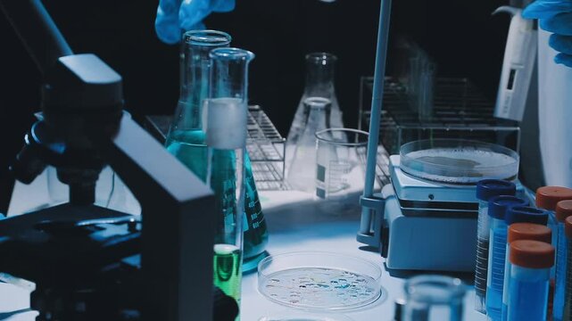 A laboratory technician makes microscopic bacteriological examination with the reagents. Work in microlaboratories