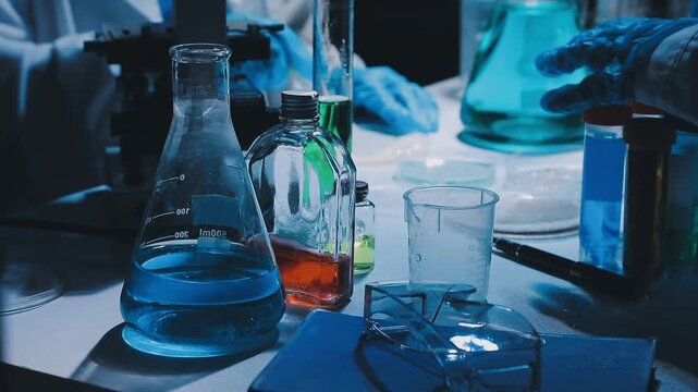 A laboratory technician makes microscopic bacteriological examination with the reagents. Work in microlaboratories
