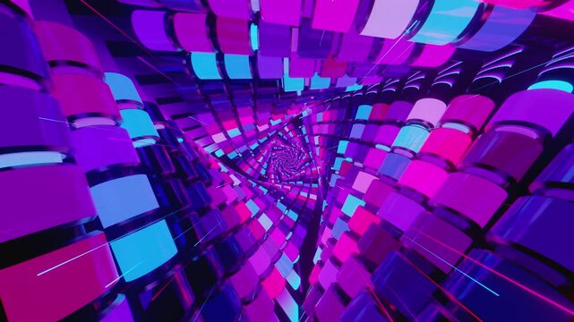 Hypnotic seamless VJ loop of a futuristic geometric spiral tunnel. Abstractvortex made of twisting blocks and digital structures, creating a deep perspective for stage screens and techno music events