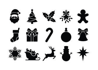 Christmas silhouette icons set, 15 black holiday vector elements, festive winter symbols including Santa Claus, reindeer, and snowflake for seasonal design © Farah-Studio