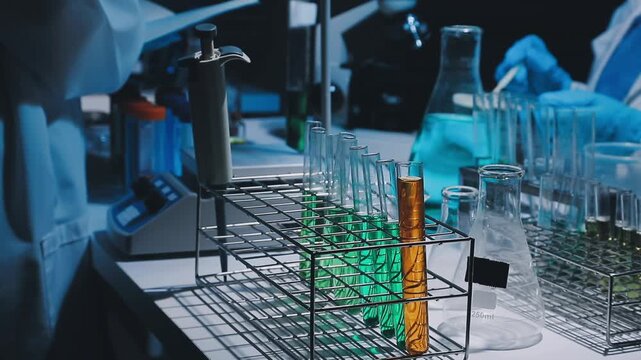 A laboratory technician makes microscopic bacteriological examination with the reagents. Work in microlaboratories