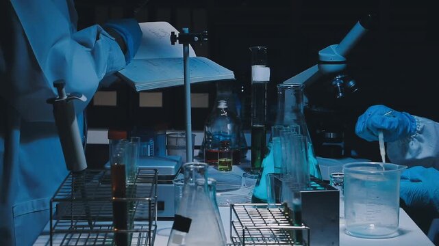 A laboratory technician makes microscopic bacteriological examination with the reagents. Work in microlaboratories