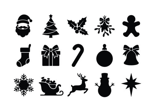 Christmas silhouette icons set, 15 black holiday vector elements, festive winter symbols including Santa Claus, reindeer, and snowflake for seasonal design