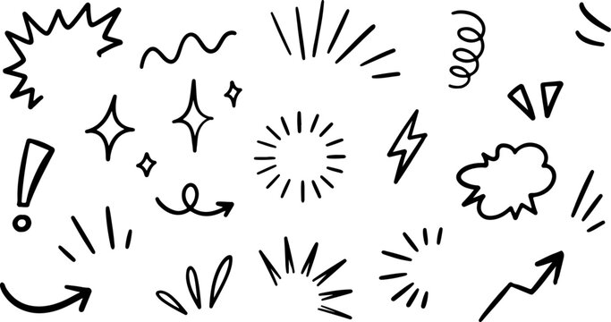 Hand drawn crayon style attention symbols and doodle emphasis marks collection with sparkle bursts, comic rays, manga starburst shapes, sketch highlight signs and vector illustration elements eps